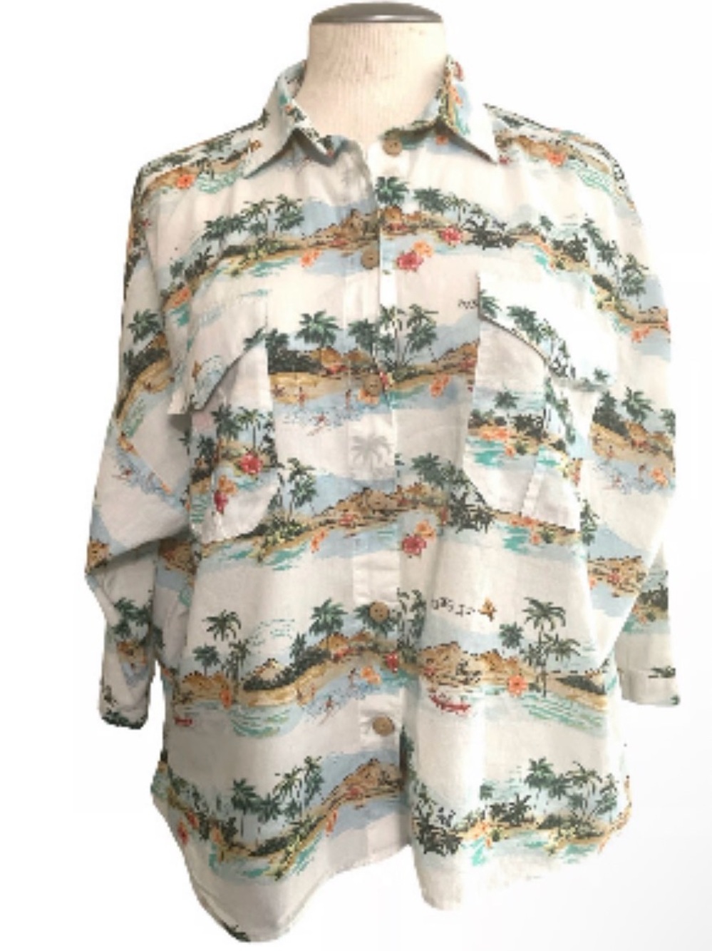 ZARA White Tropical  Hawaiian Shirt Print Button-Down with Aqua & Yellow Accents